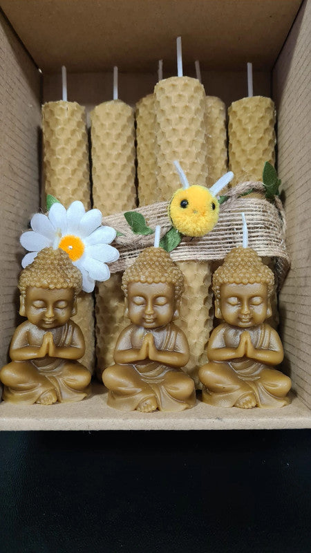 9 velas de 13 cms x 2 cms + 3 budas de regalo