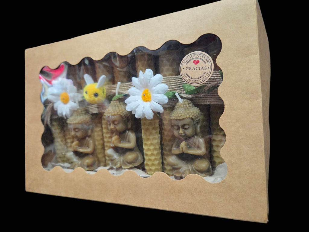 24 velas de cera pura de abejas 13 cms + 3 buditas de regalo (en caja)