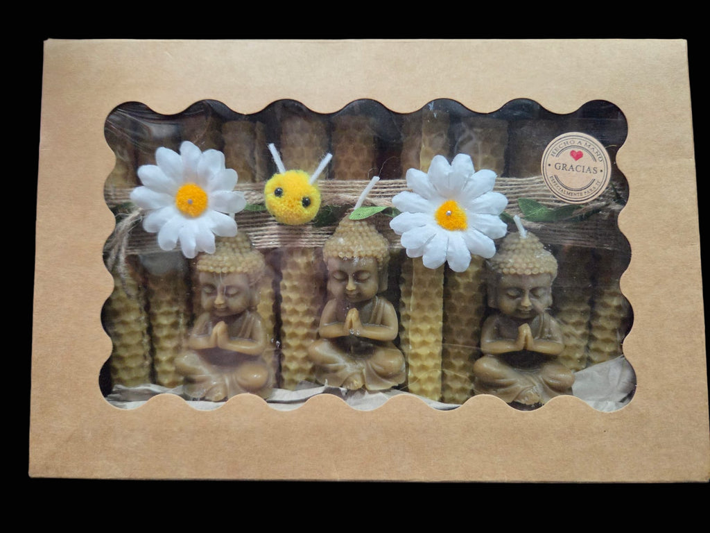 24 velas de cera pura de abejas 13 cms + 3 buditas de regalo (en caja)