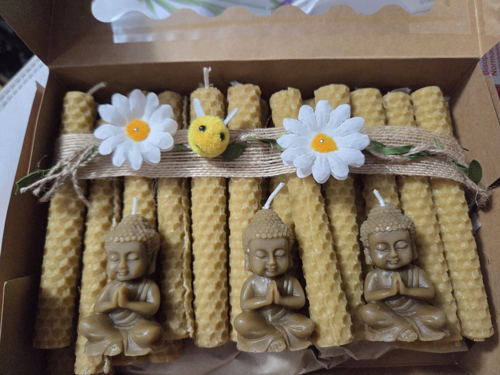 24 velas de cera pura de abejas 13 cms + 3 buditas de regalo (en caja)